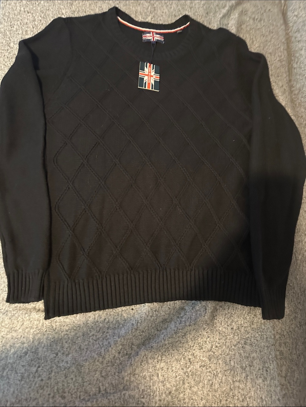 Women's Black Diamond-Knit Crewneck Sweater Size Large 100% cotton.